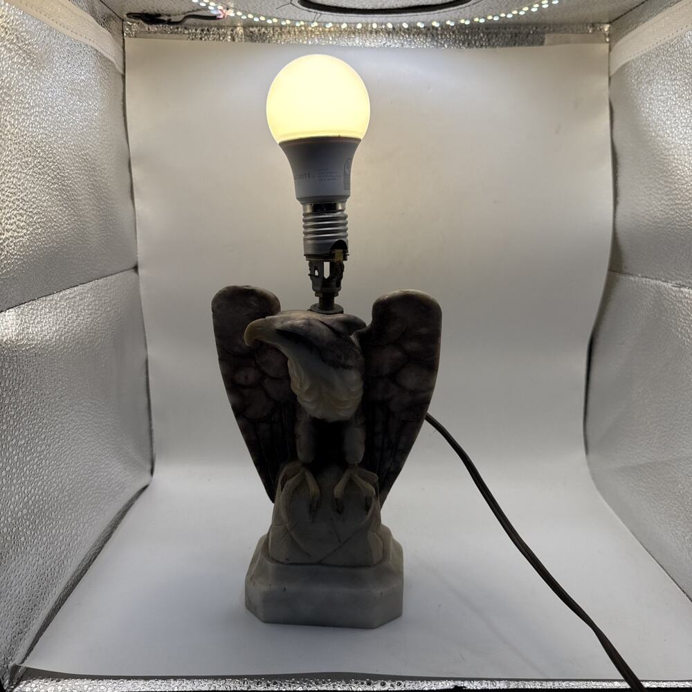 Vintage Carved Stone Alabaster Eagle Table Lamp 10” Tested & Works *